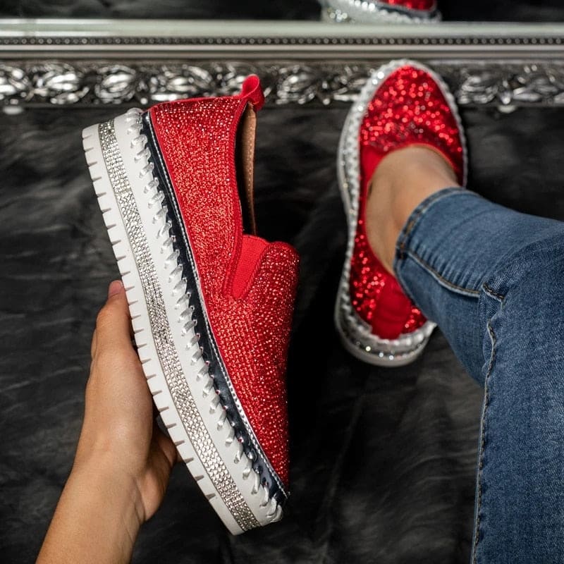 Chaussures Slip - on Femme Plateforme à Strass Rouge / 35